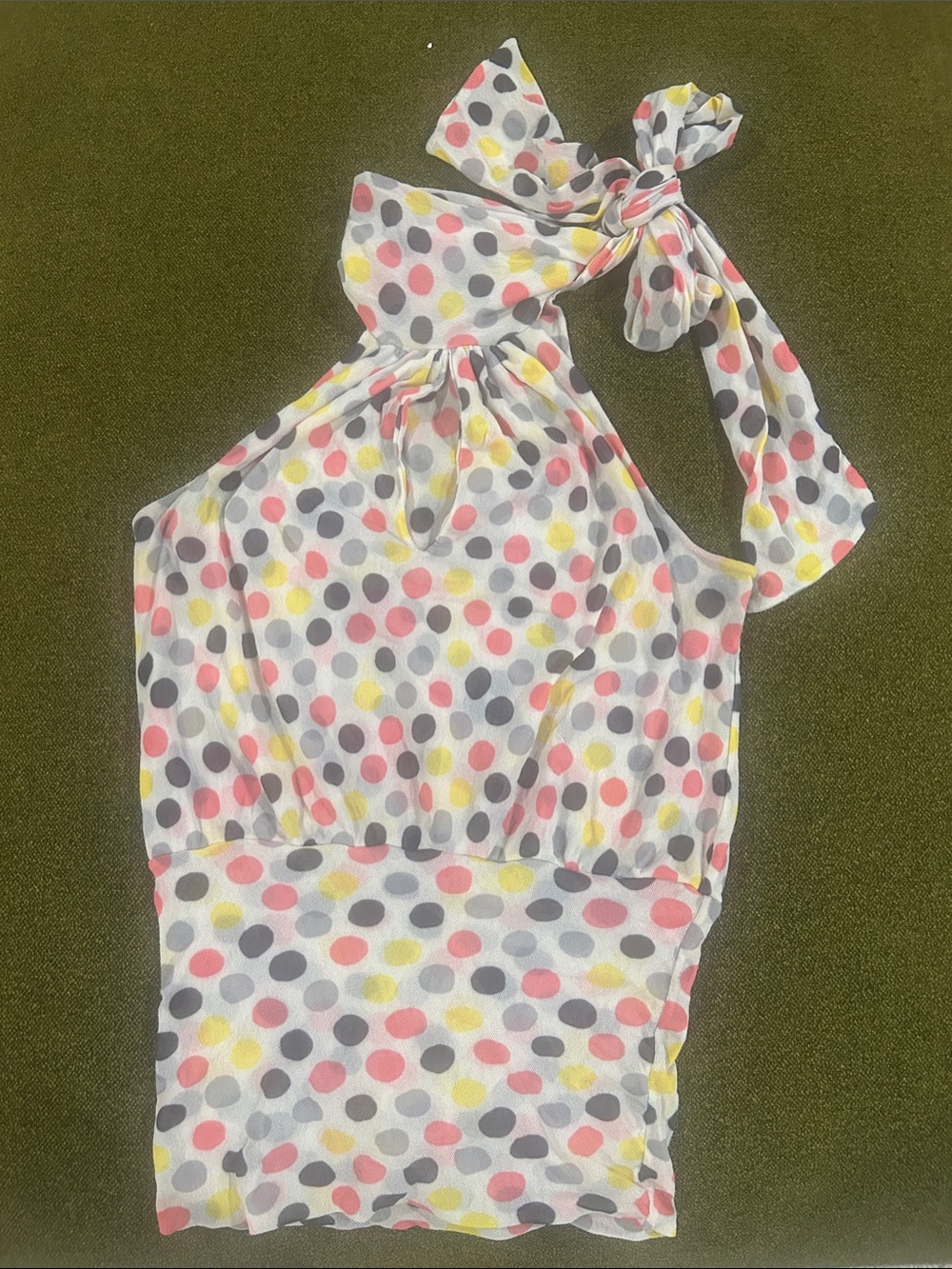 Guess Polka Dot Halter Tie-Neck Top — White with Pink, Yellow & Gray Dots